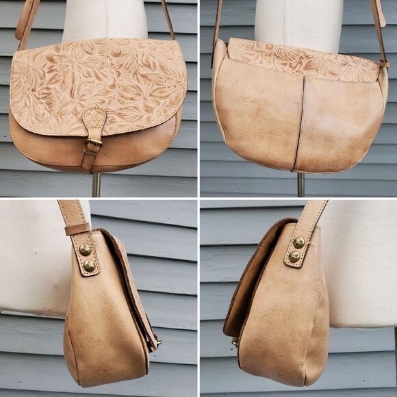 Patricia Nash Tan‎ Leather Rosolini Floral Tooled Buckle Crossbody Saddle Bag - Picture 6 of 9